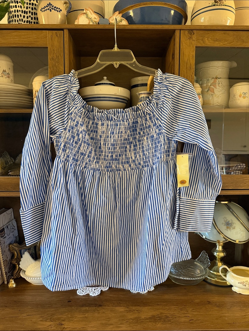 Tacera Blue and White Striped Off-Shoulder Rouched Top Size XL NWT